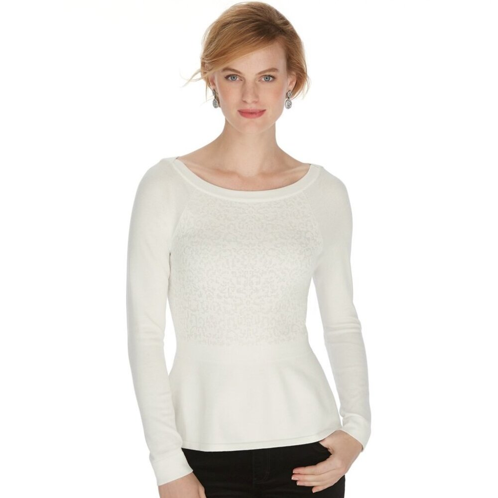 NWT White House Black Market Long Sleeve Knit Lace Front Peplum Pullover